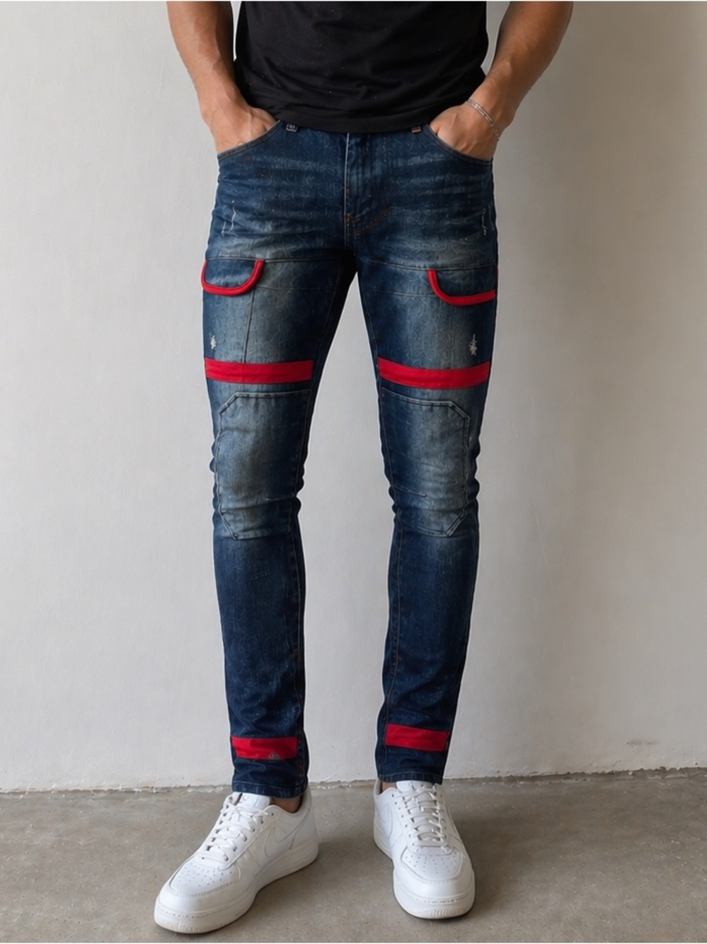 South Pole Men’s Skinny Distressed Jeans With Bold Red Contrast | Size 32 x 32